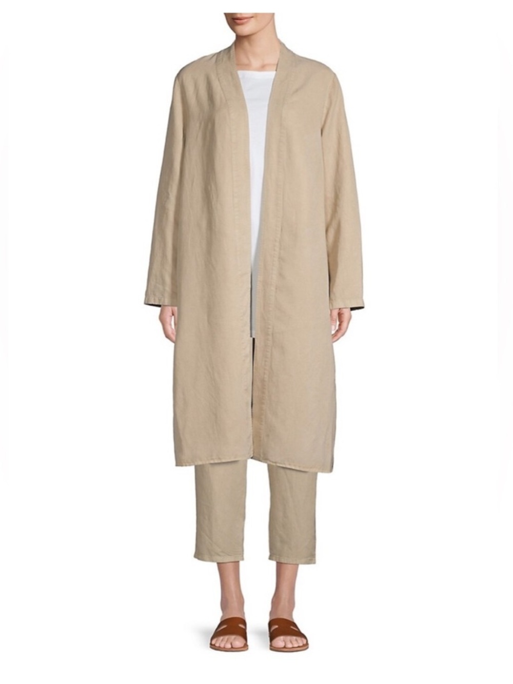 Eileen Fisher Khaki Tencel/Linen Kimono Jacket Size XS/TP Open Front Duster Coat